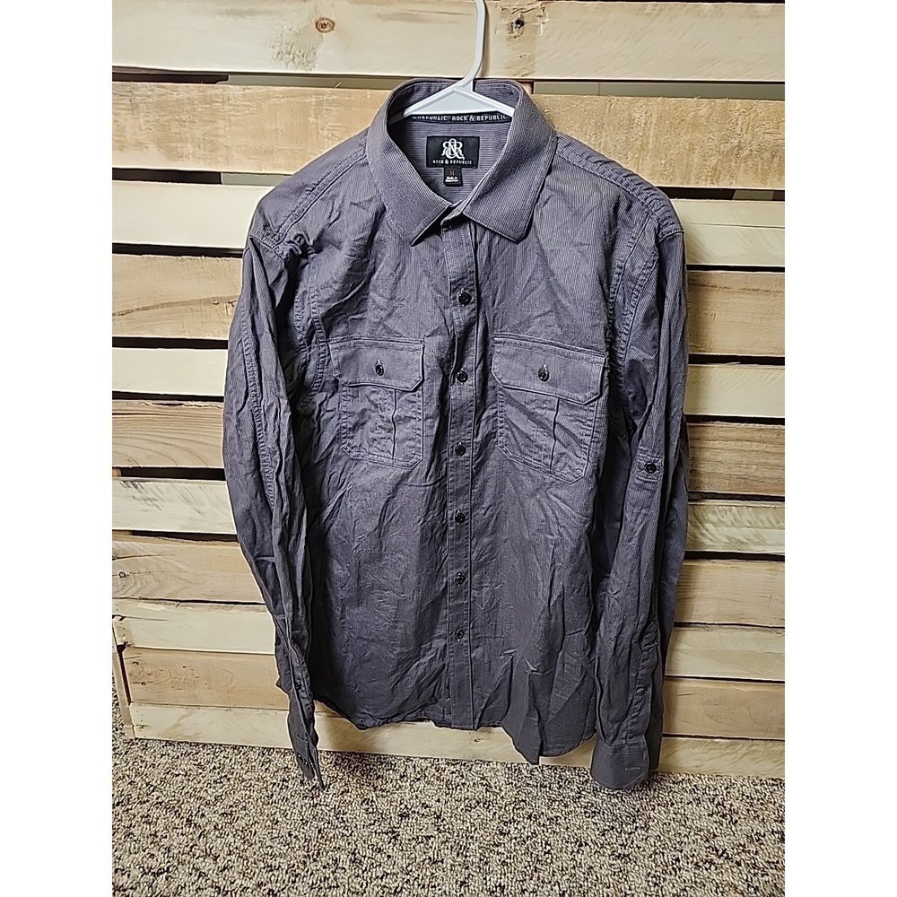 Rock & Republic Sz Medium Mens Gray Long Sleeve Collared Button Up Dress Shirt